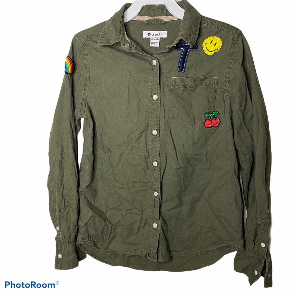 Girls army green button down shirt